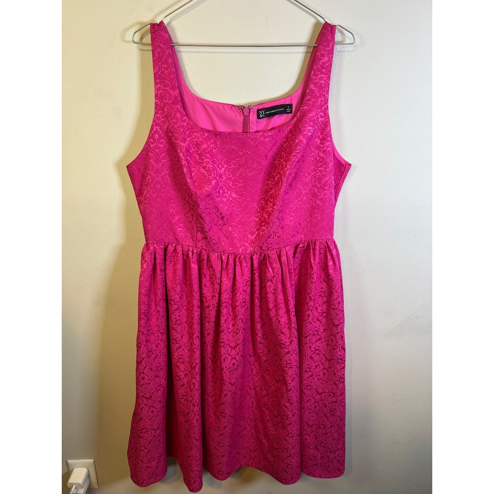 New York & Company Womens Dress Damask Jacquard Fit and Flare Hot Pink Size L